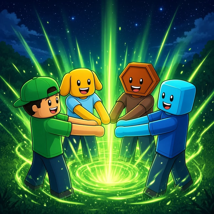 The four players join hands as a glowing green portal opens beneath them