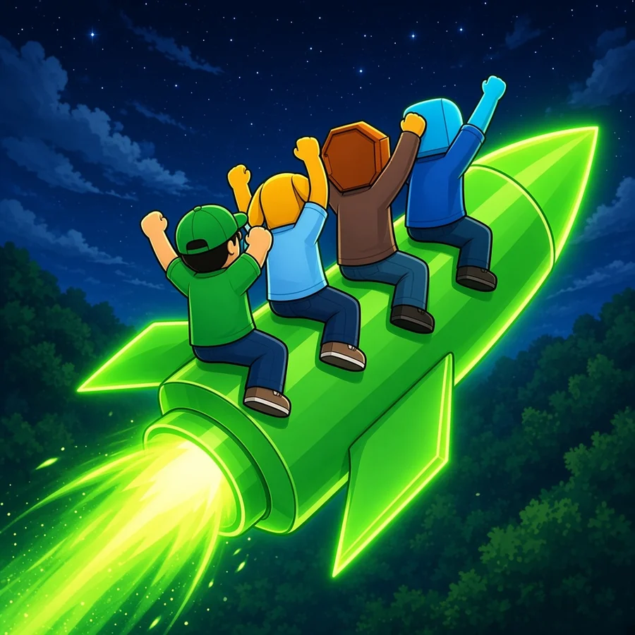The four players ride a neon green rocket through the night sky