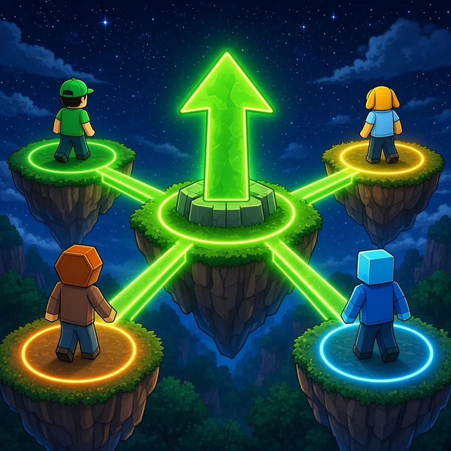 Glowing bridges link four floating islands to a central green arrow