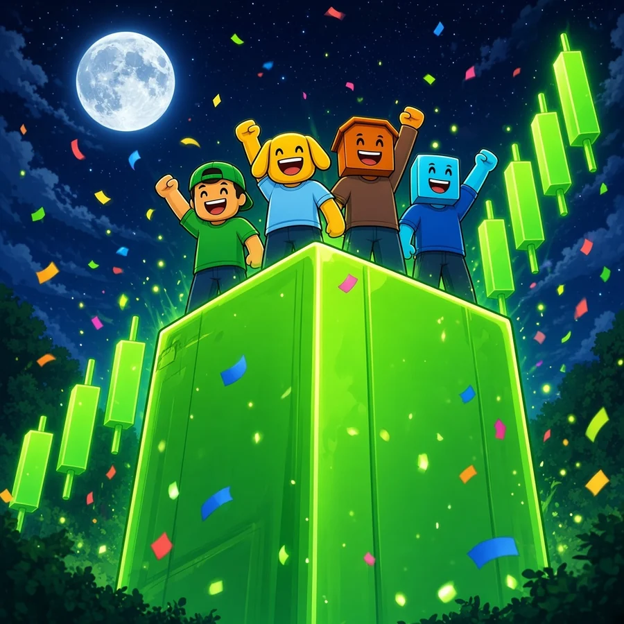 The four players celebrate on top of a giant green candle under the moon
