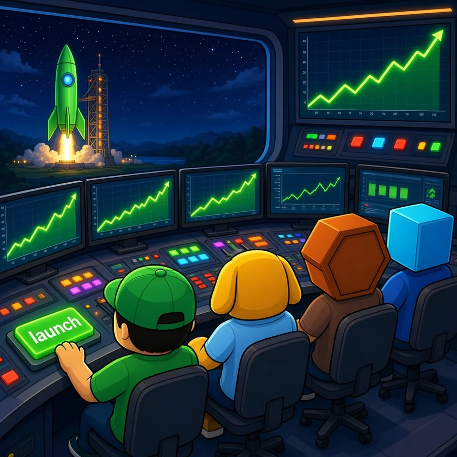 The players at a launch control desk with green charts and a rocket outside