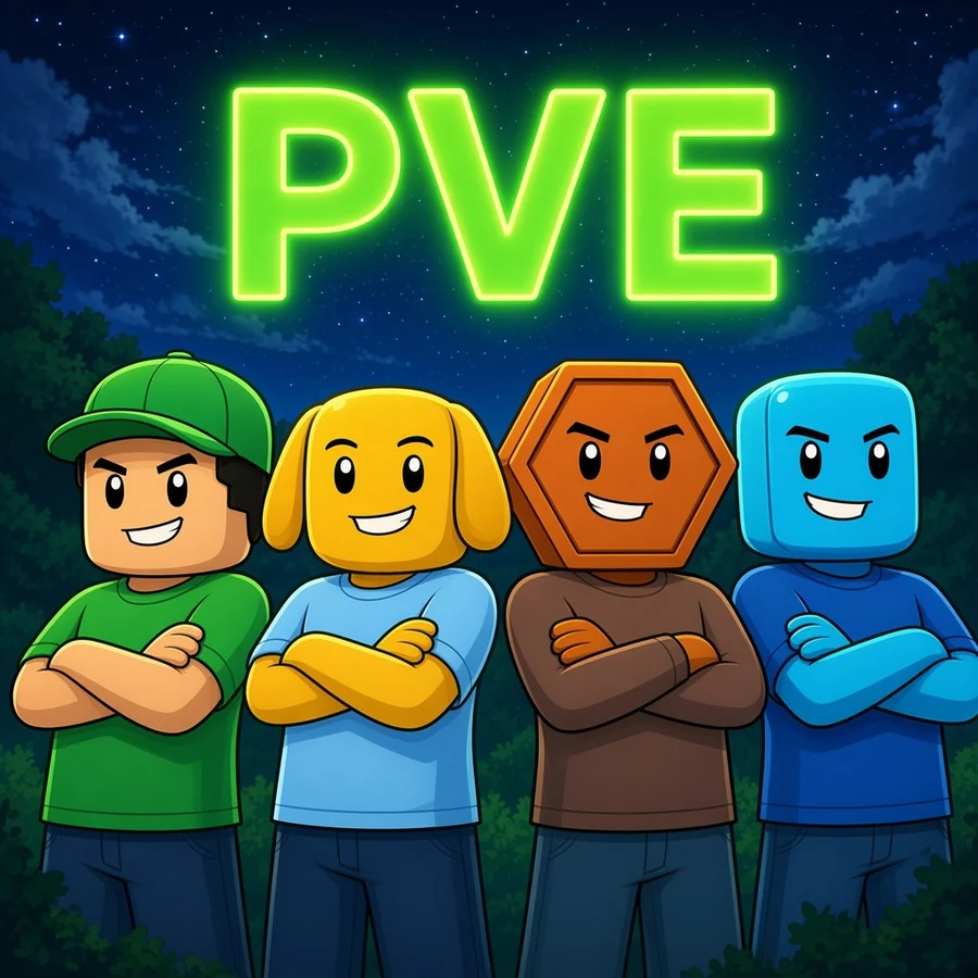 The four players pose under a glowing green PVE sign
