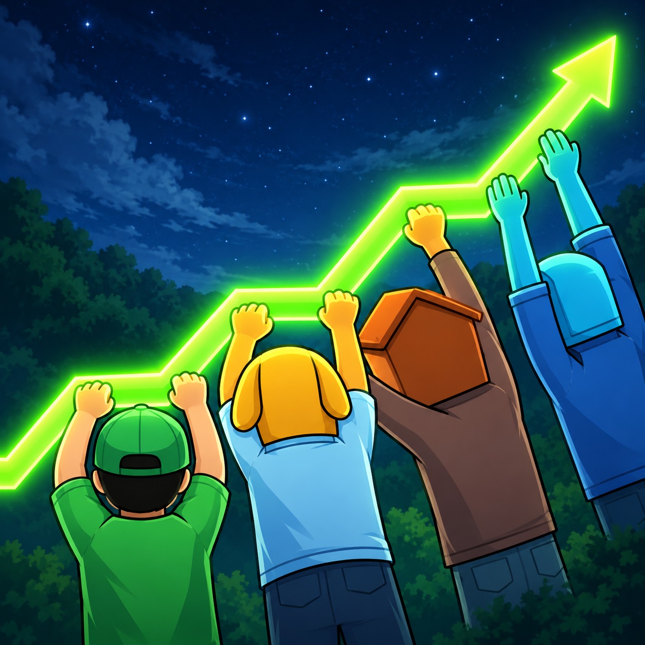 PVE logo: four blocky cartoon players raising their hands toward a glowing green chart arrow under a starry night sky